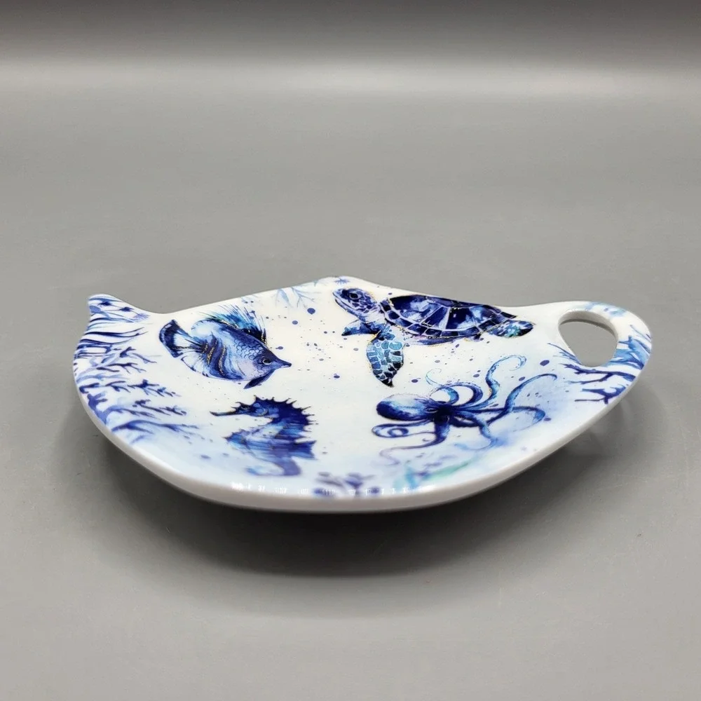 UP Tea Bag Rest Holder Spoon Rest Under Sea Octopus Turtle Seahorse Blue White